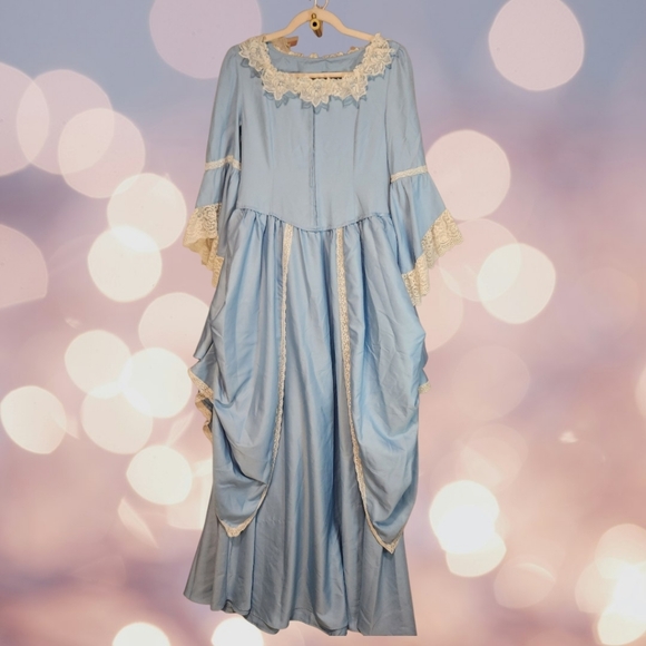 Unbranded Size S Blue Bridgerton Vibes Renaissance Bell Sleeves Gown Lace Trim - Picture 4 of 11